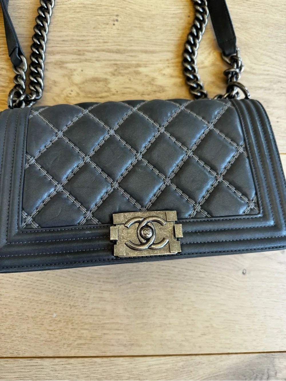Chanel Boy Bag Medium Flap - 16A Charcoal Calfskin with Ruthenium Hardware